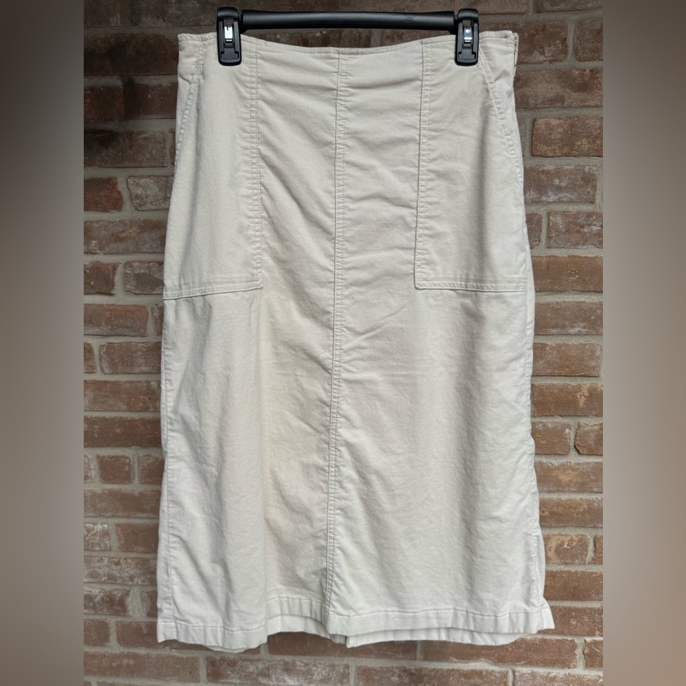 Comfortable Cream Stretch Corduroy Midi Skirt for Fall, Size M/L